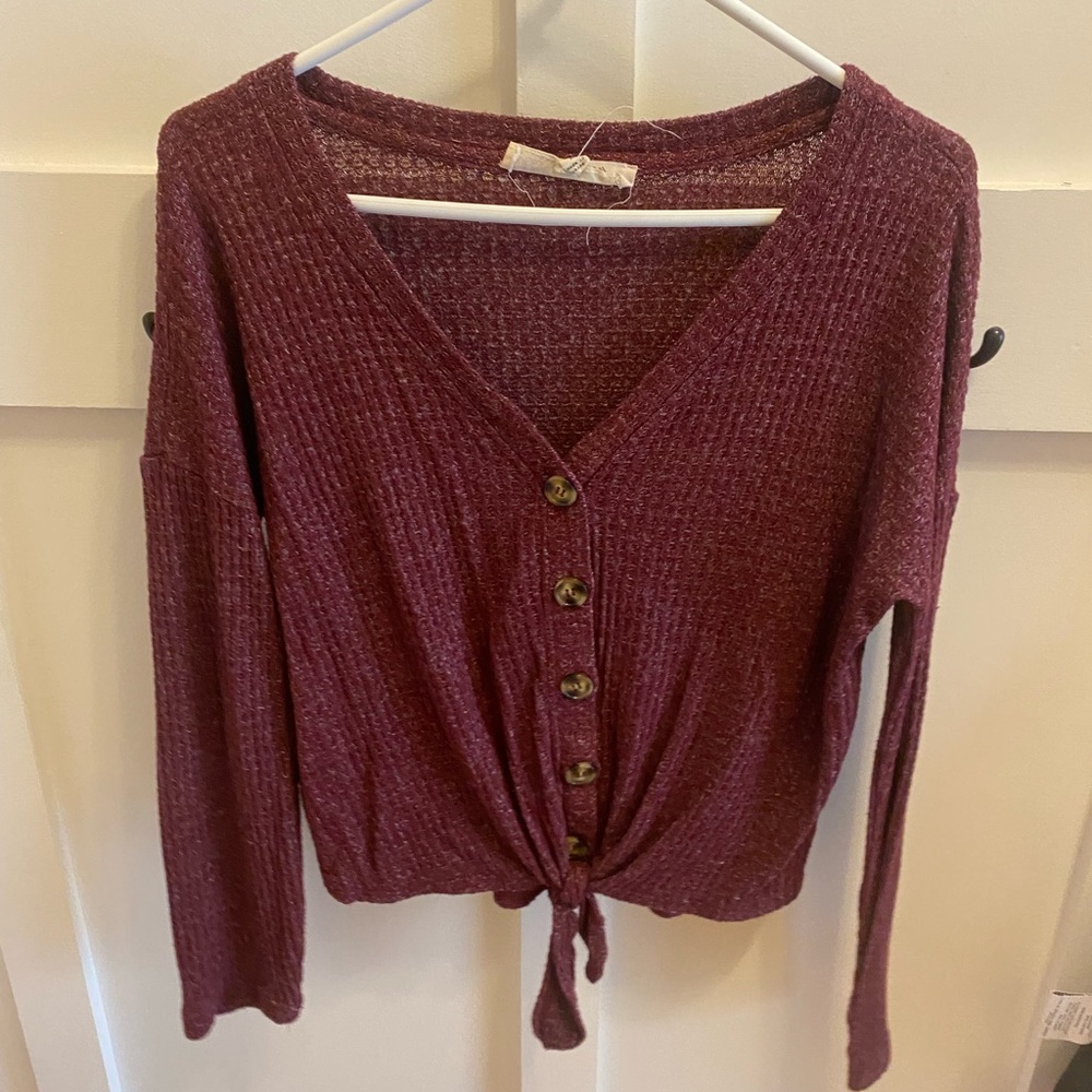 Textured button down, front tie long sleeve